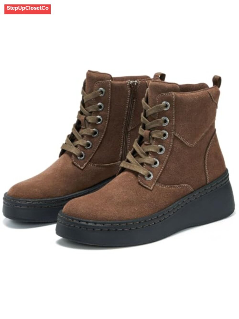 Genuine Leather Platform Ankle Boots, Women's Combat Boots w/ Zip & Arch Support